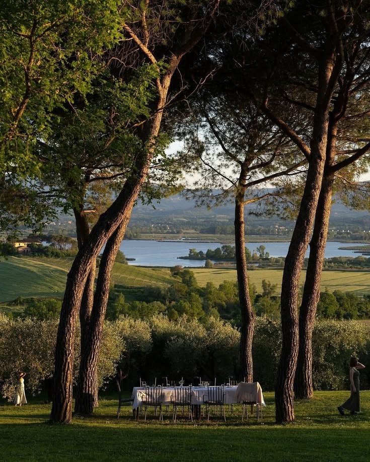 This may contain: two people are sitting on the grass near some trees and an open field with water in the distance
