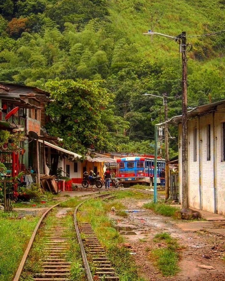 This may contain: a train traveling down tracks next to a lush green forest covered mountain side town in the distance