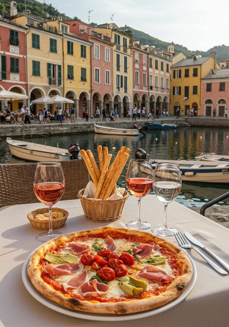 This may contain: a pizza sitting on top of a white table next to glasses of wine and silverware