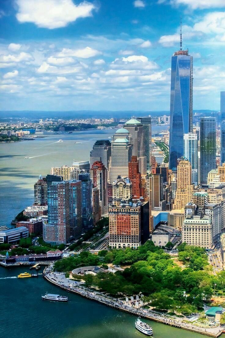 This may contain: an aerial view of new york city and the hudson river