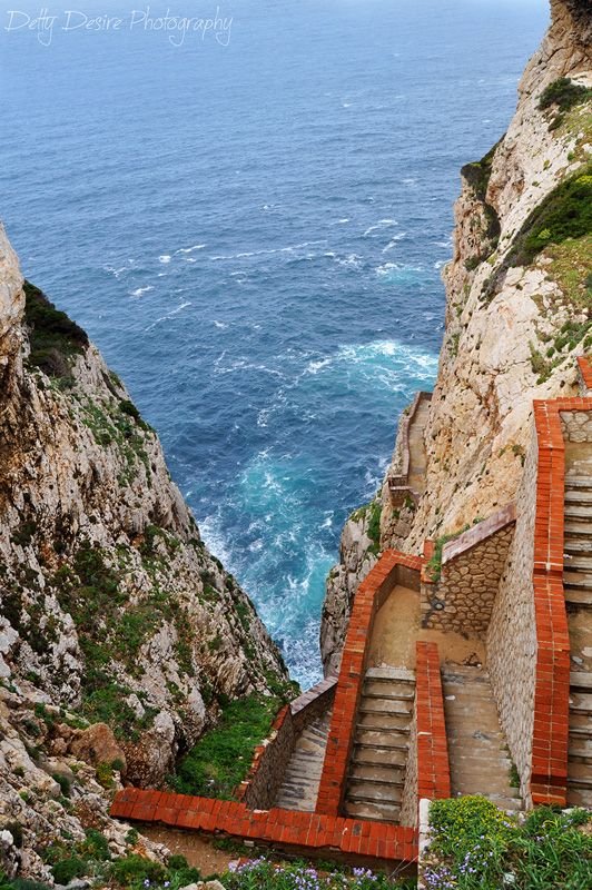 This may contain: stairs leading down to the ocean from a cliff