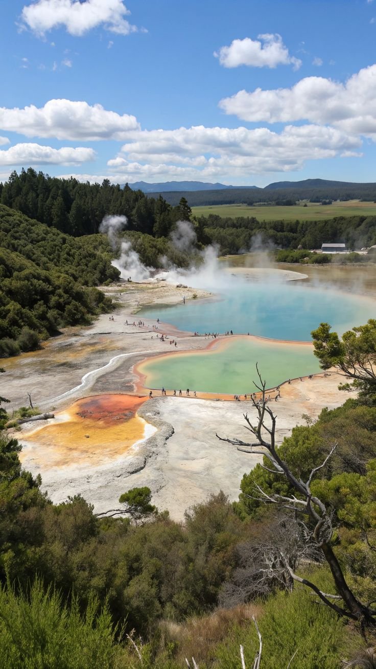 This may contain: an area with many different colored pools and trees in the foreground, on a sunny day