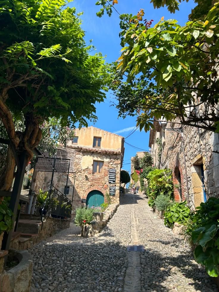 This may contain: an old cobblestone street with stone buildings and trees on both sides, surrounded by greenery