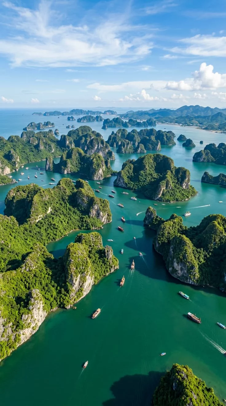 This may contain: an aerial view of many boats in the water surrounded by green hills and islands with blue sky