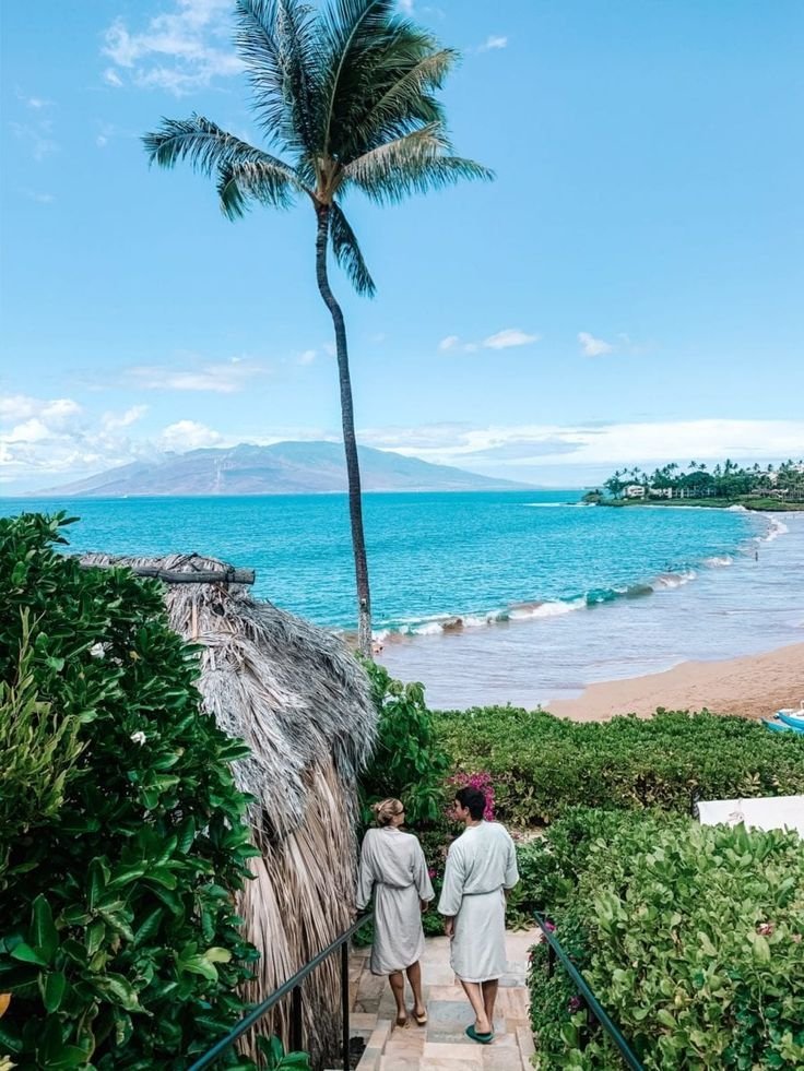 This may contain: two people walking up stairs to the beach with palm trees on either side and blue water in the background