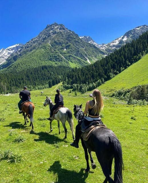This may contain: three people are riding horses on a grassy field in front of some mountains and trees