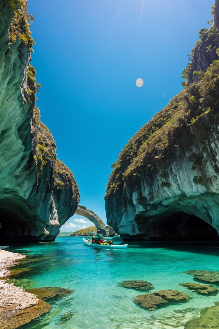 This contains: Must-see for 2025! Explore Palau's hidden marine lakes by kayak. Discover unique marine life and ancient arches at twilight. A perfect adventure for natural wonders. Don't miss out! Book now!