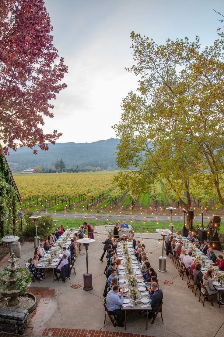 This may contain: a group of people sitting at tables in the middle of an outdoor dining area surrounded by trees