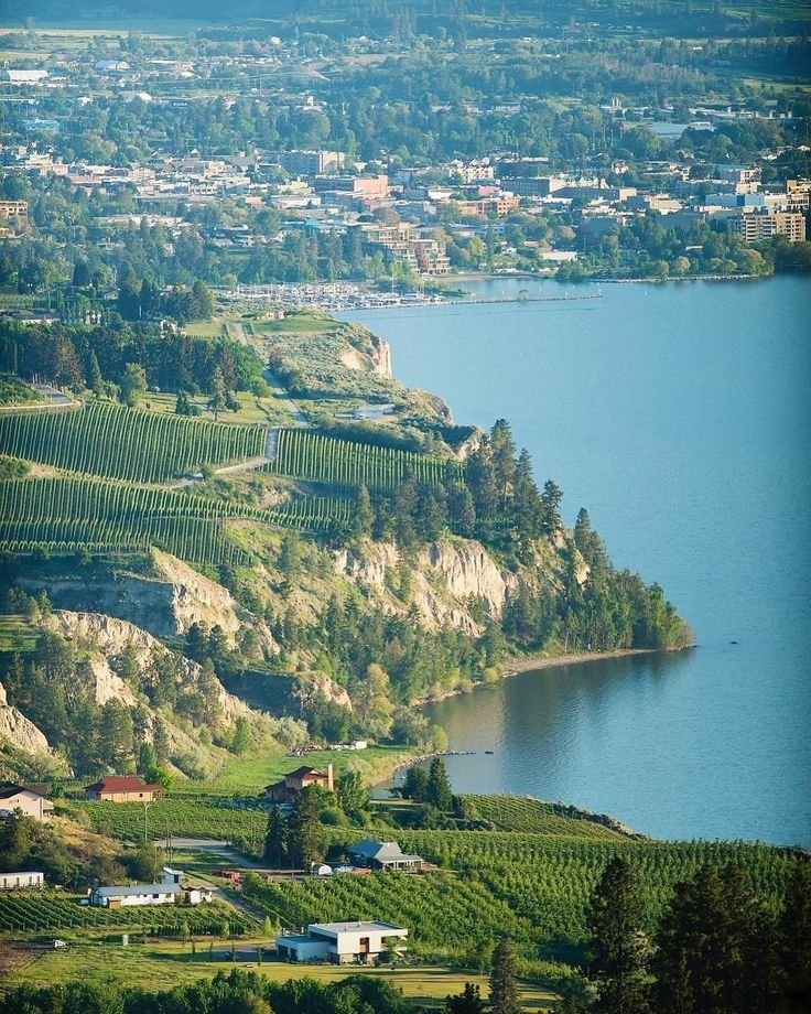 This may contain: an aerial view of a small town on the side of a mountain overlooking a large body of water