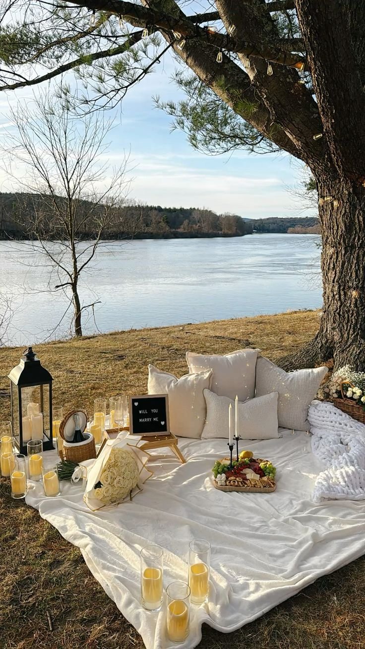 This may contain: an outdoor picnic with candles and food on the blanket next to a tree by the water
