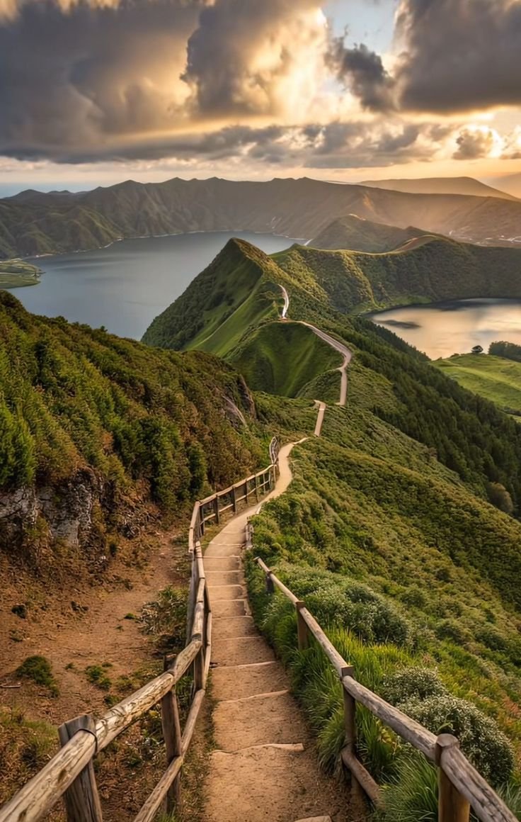 This may contain: a path leading to the top of a hill with water and mountains in the background