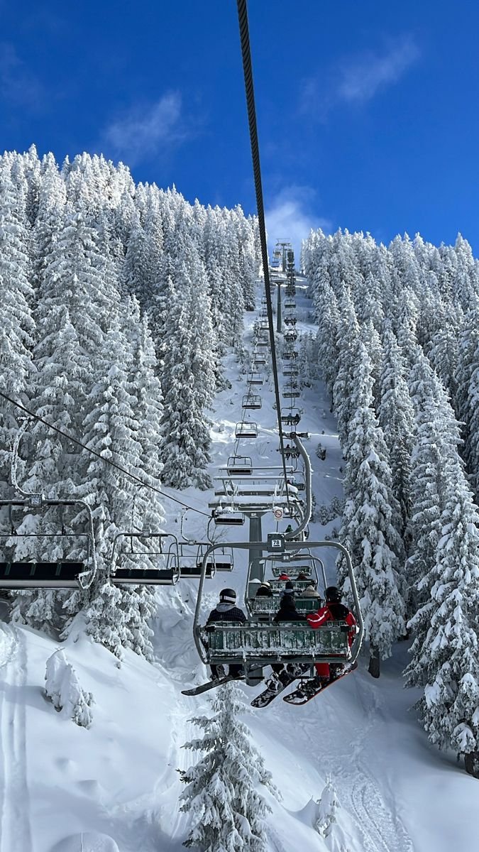 This may contain: a ski lift going up the side of a snow covered mountain with lots of trees