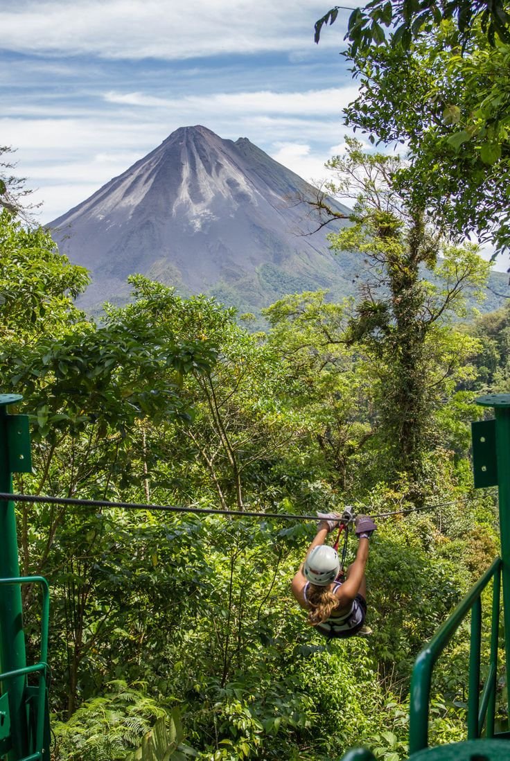 This may contain: a man is zipping through the trees in front of a mountain with a sky background