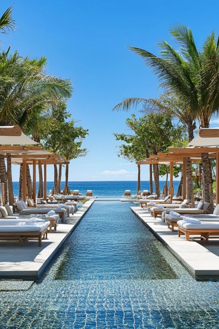 This may contain: an outdoor swimming pool with lounge chairs and palm trees