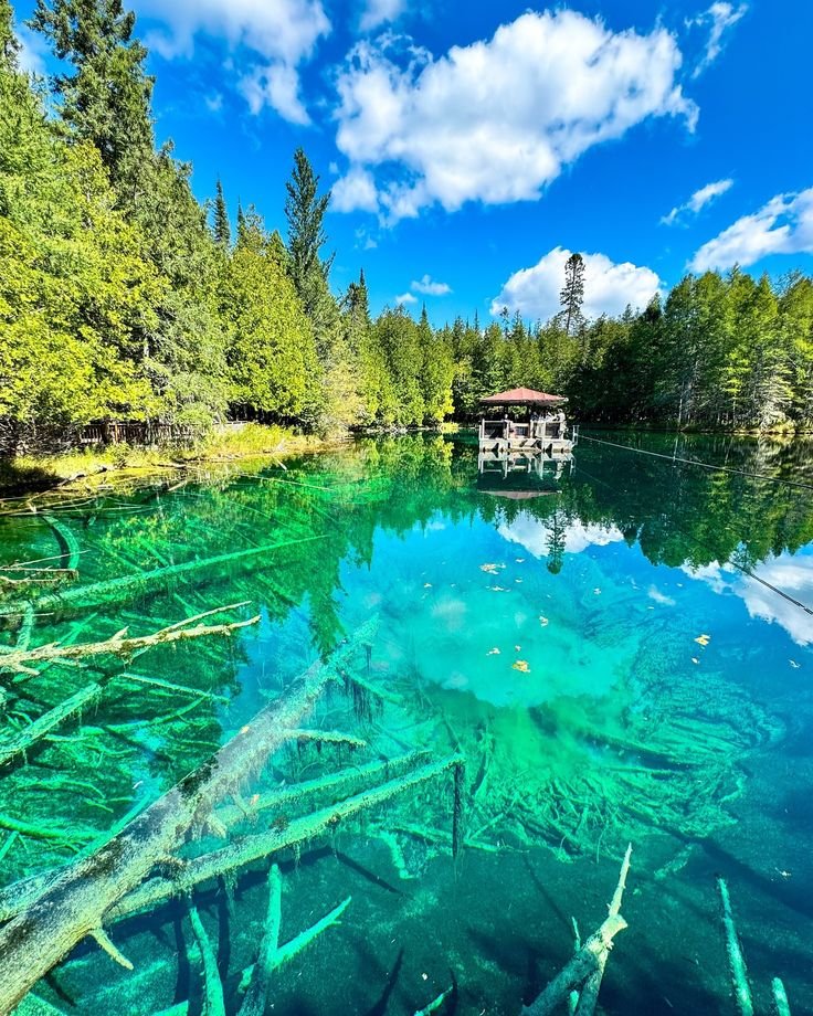 This may contain: the water is very clear and blue with green algae growing on it's sides