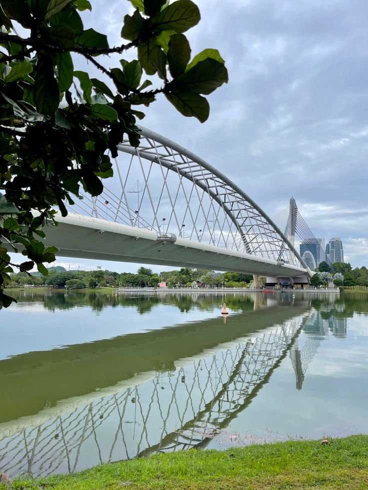 This may contain: a large bridge over a river next to a lush green field