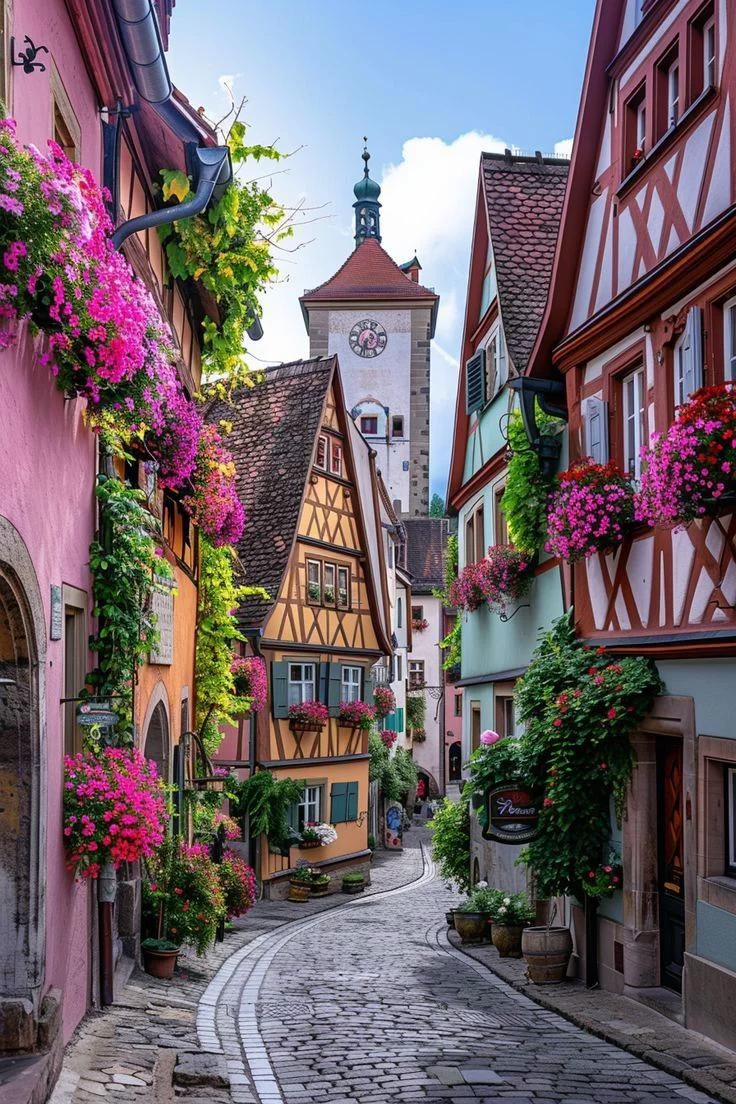 This may contain: a cobblestone street with flowers growing on the buildings and clock tower in the background