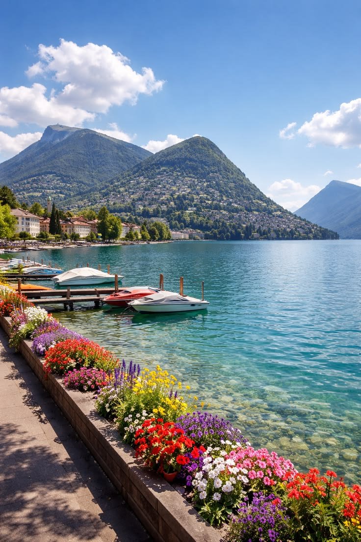 This may contain: boats are docked on the water near flowers and trees in front of a mountain range