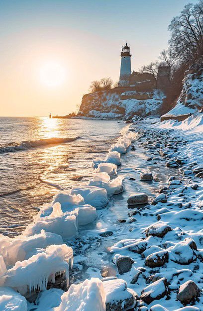 This may contain: the sun is setting over an icy beach with ice on it and snow covered rocks along the shore