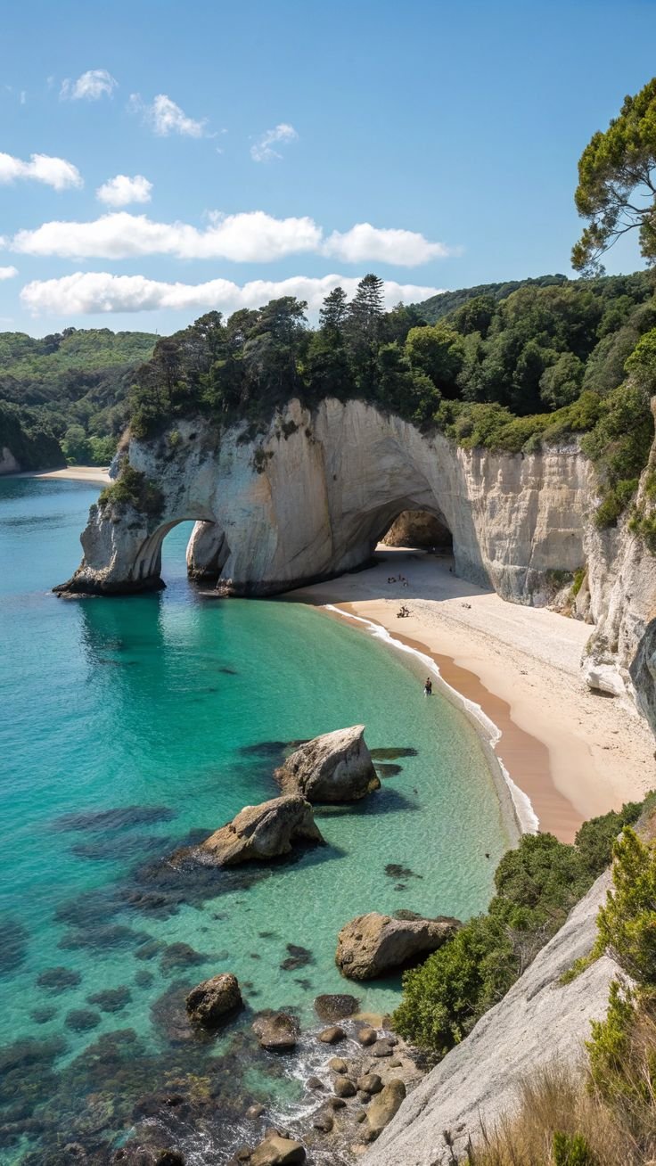 This may contain: the beach is surrounded by large rocks and clear blue water, with an arch in the middle