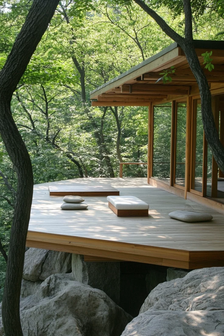 This may contain: a wooden deck surrounded by rocks and trees