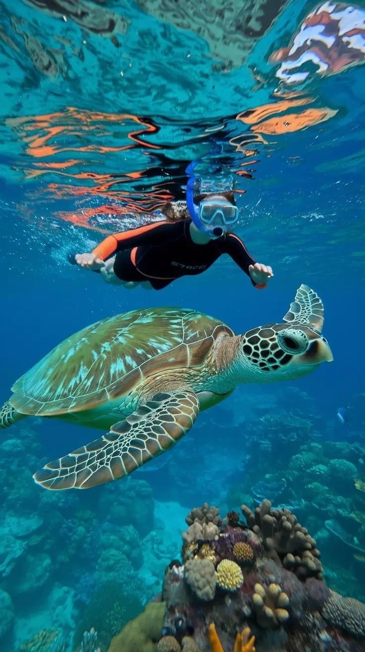 This may contain: two people snorkeling over a turtle in the ocean with colorful corals