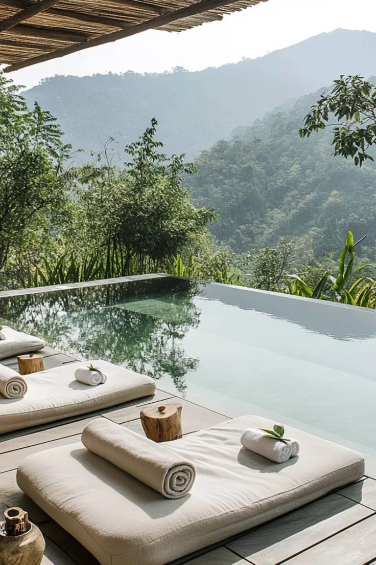 This may contain: two lounge chairs sitting on top of a wooden deck next to a swimming pool with trees in the background