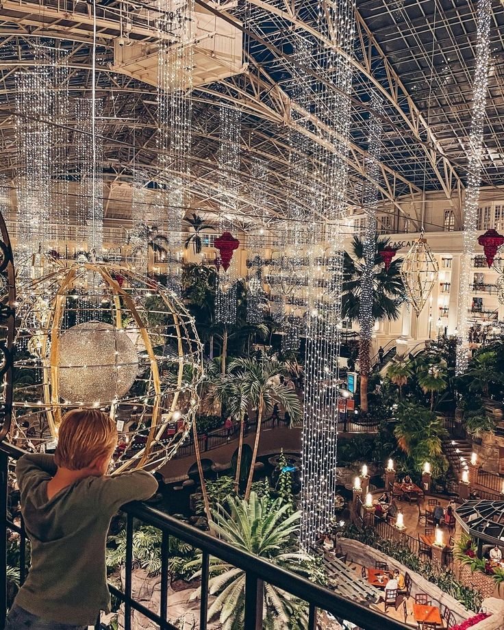 This may contain: a person is standing on a balcony looking at the lights and decorations hanging from the ceiling