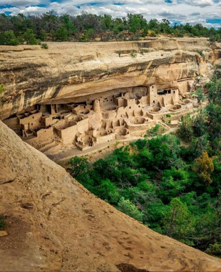 This may contain: the cliff houses are built into the side of the cliff, with green trees in the foreground