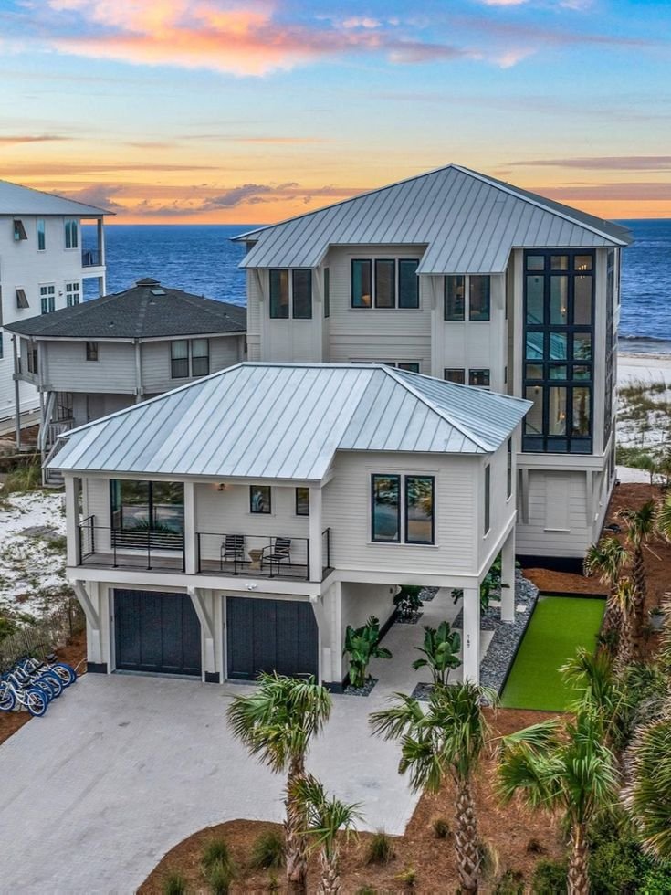 This may contain: this is an aerial view of the beachfront home for sale in destinia, florida