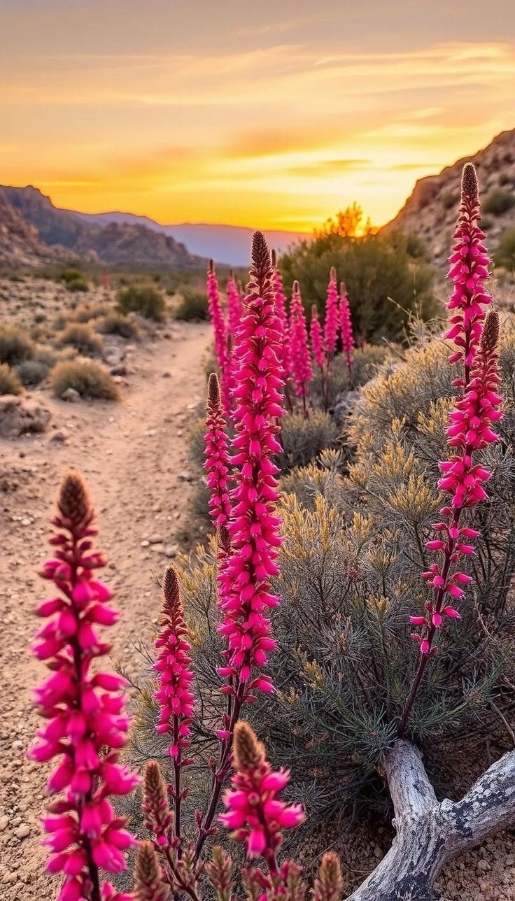 This may contain: pink flowers are blooming in the desert near a dirt road and mountains at sunset