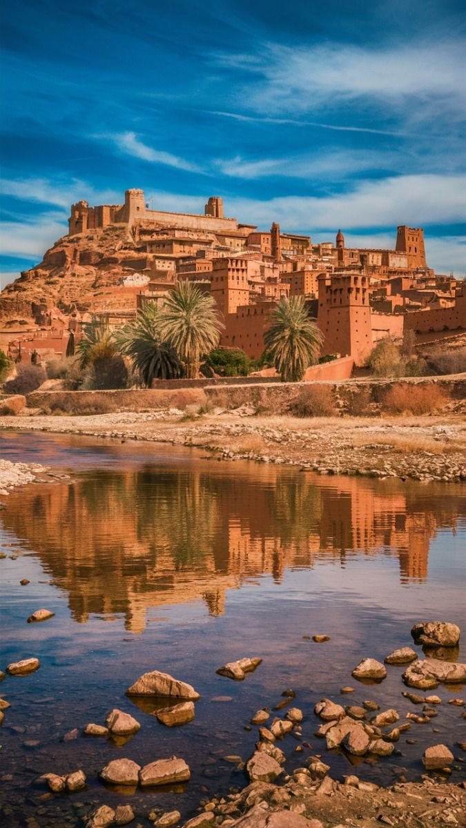 This may contain: an old town sits on top of a hill next to a body of water with rocks in the foreground