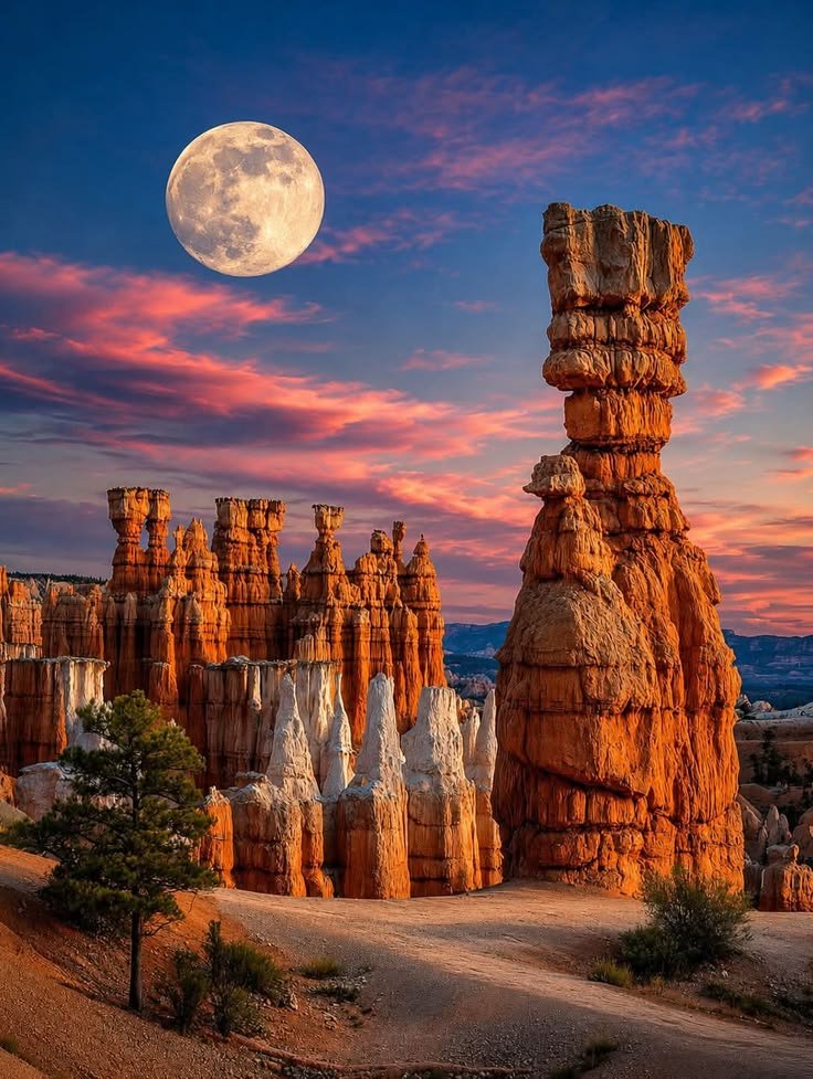 This may contain: the full moon shines brightly in the sky above hoodoo and rock formations at sunset