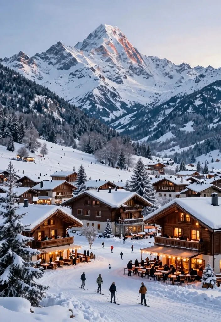 This may contain: people are skiing in the snow near some buildings and mountains with lights on them at dusk