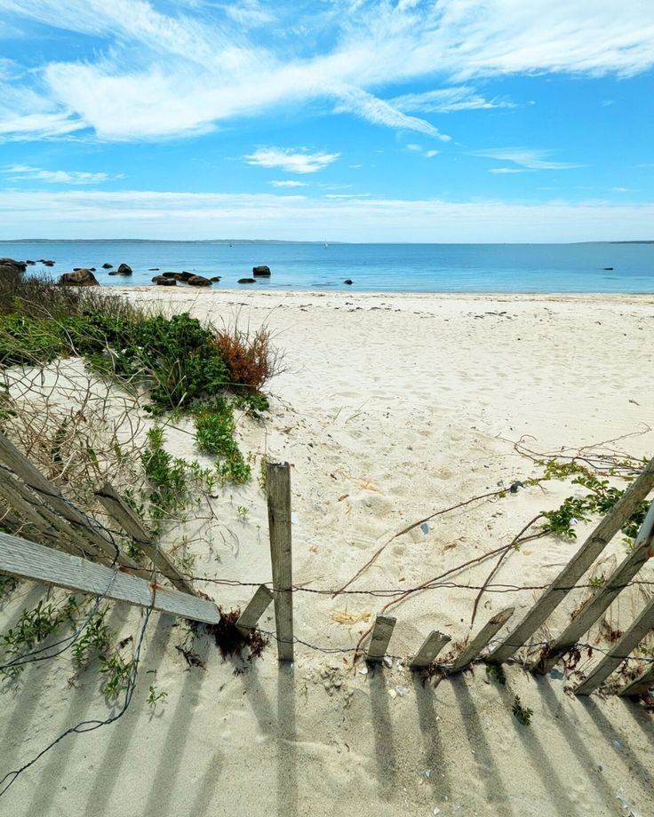 This may contain: a wooden fence sitting on top of a sandy beach
