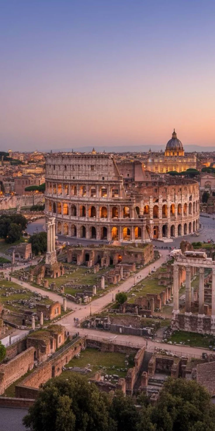 This may contain: an aerial view of the roman colossion in rome, italy at sunset time