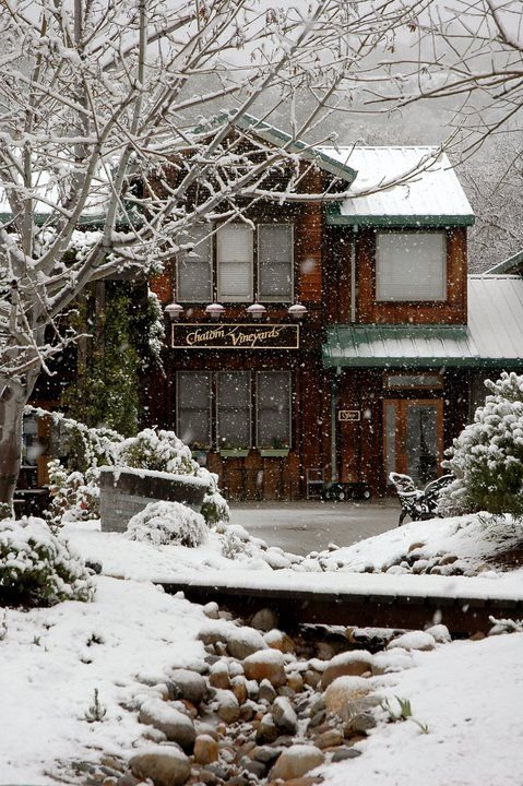 This may contain: a house covered in snow next to a tree with no leaves on it and rocks