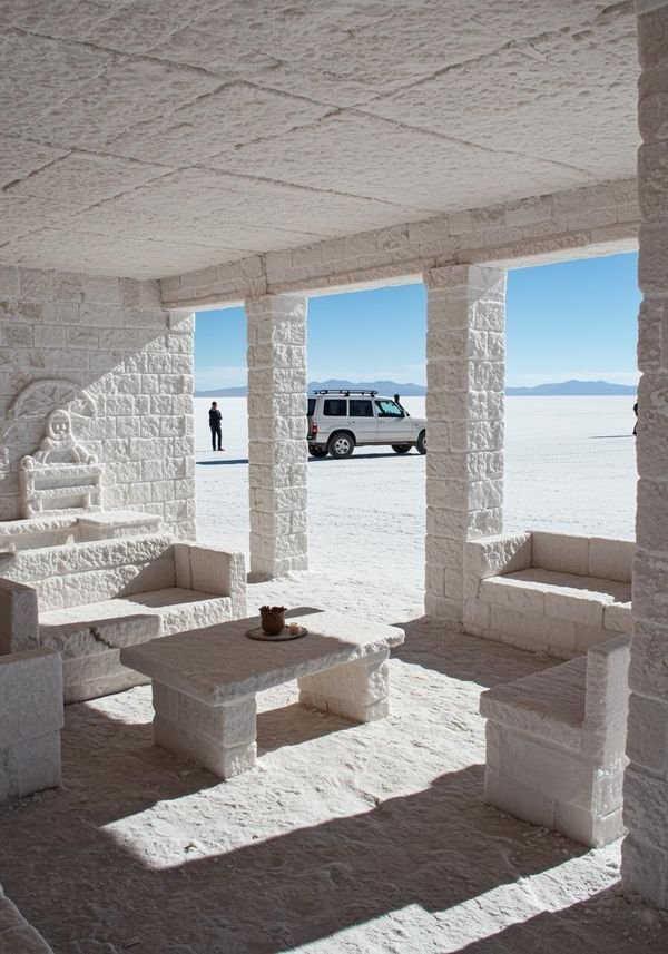 This may contain: an outdoor seating area with benches and a van in the background