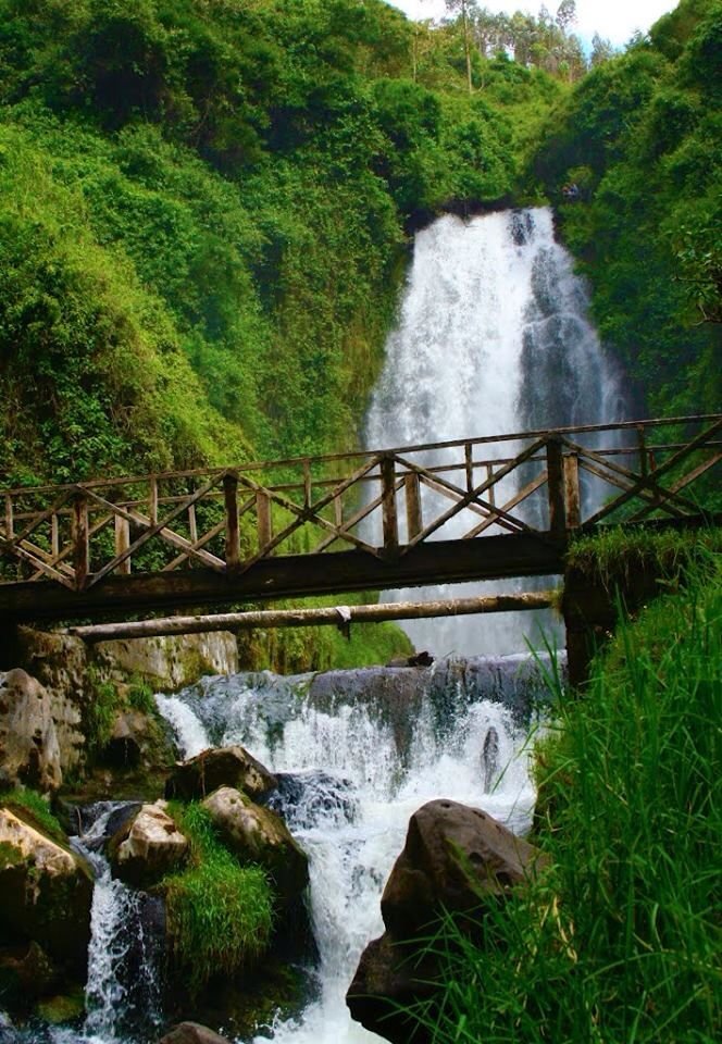 This may contain: a wooden bridge over a river with a waterfall in the background