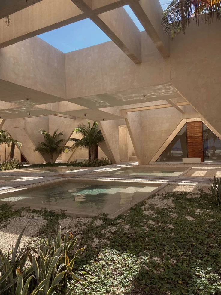 This may contain: the interior of a building with plants and trees