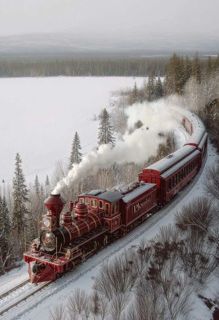 This may contain: an old fashioned steam train is traveling through the snowy woods and snow - covered ground
