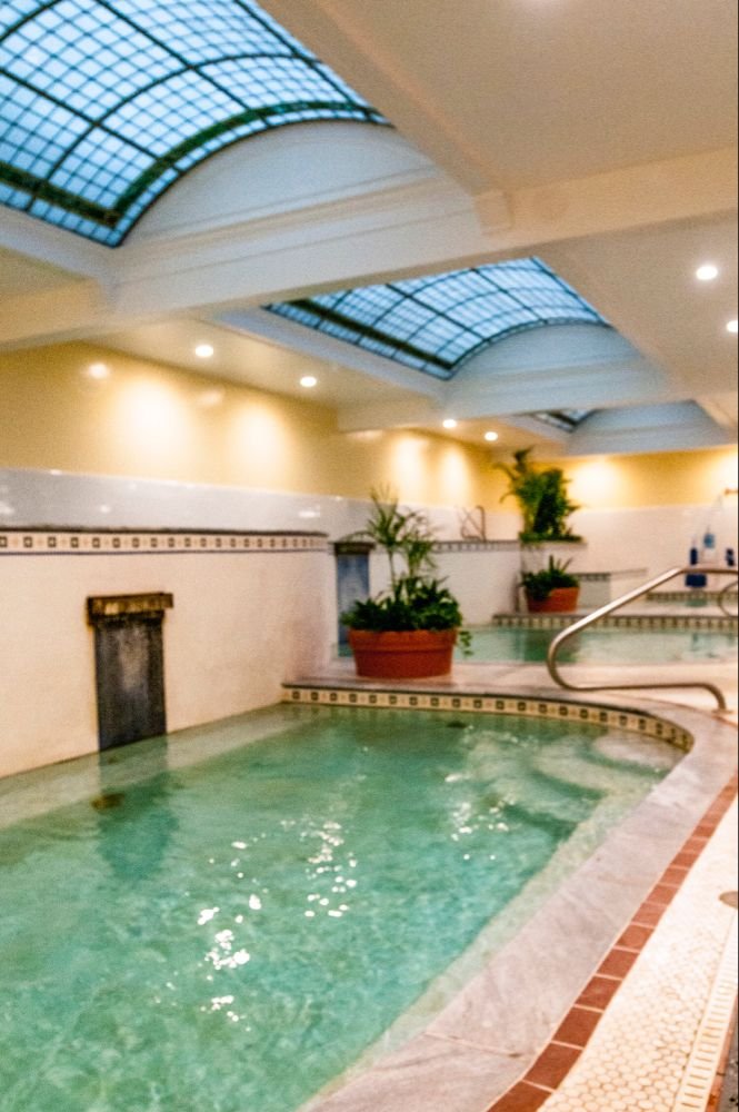 This may contain: an indoor swimming pool with tiled flooring and skylight above it, surrounded by potted plants