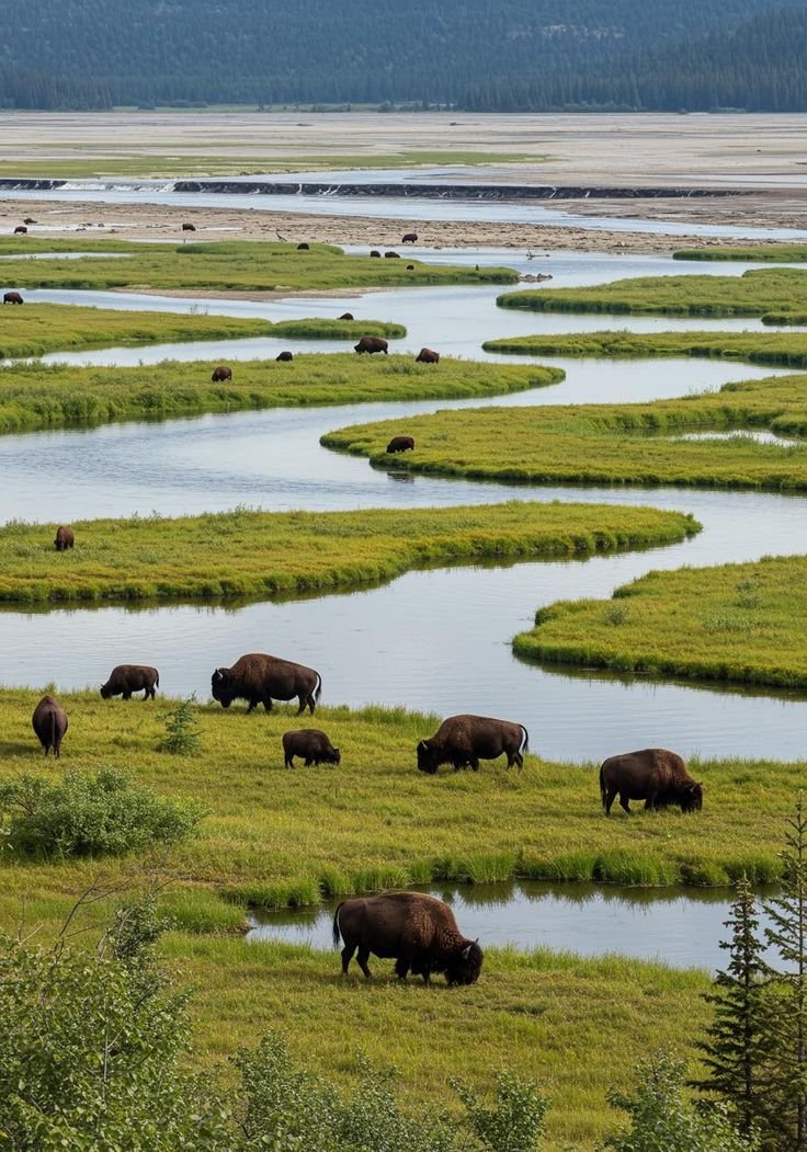 This may contain: many buffalo are grazing in the grass near water