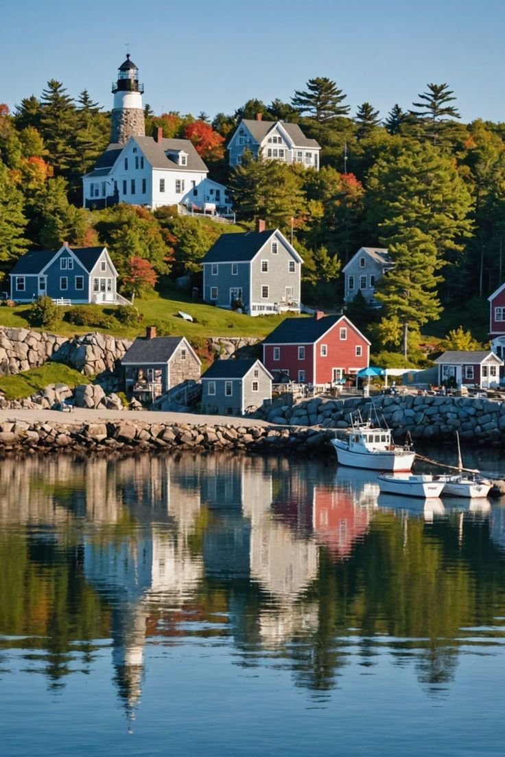 This may contain: boats are docked in the water next to houses on a hill with trees around them