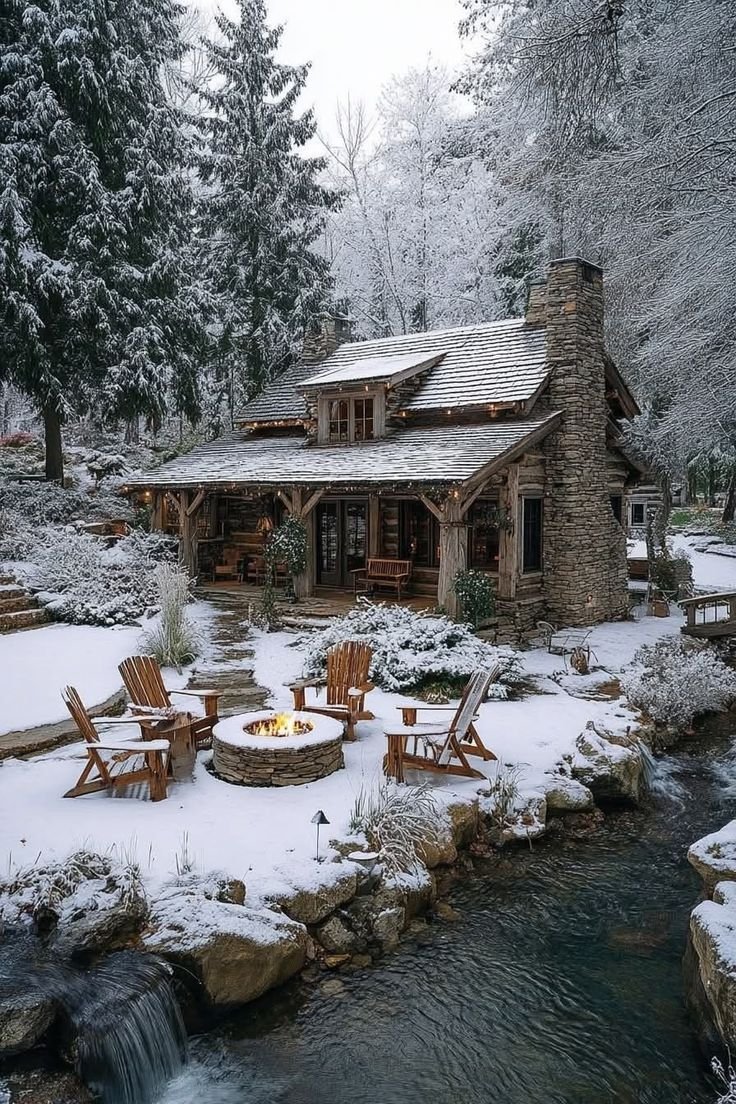 This may contain: a cabin in the woods with snow on the ground and chairs around an outdoor fire pit