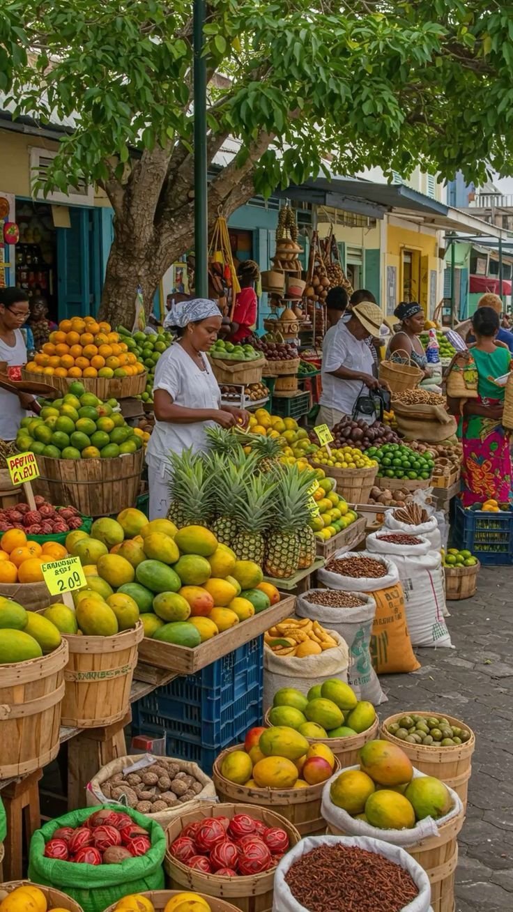 This may contain: people shopping at an outdoor fruit and vegetable market