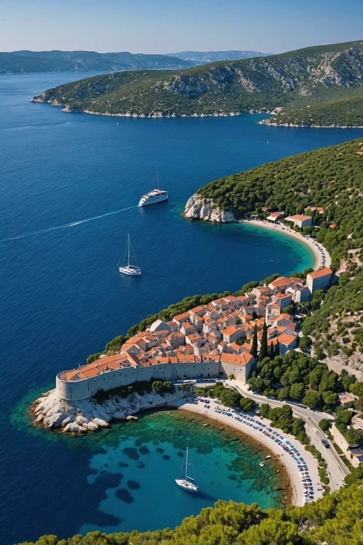 This may contain: an aerial view of a small island in the middle of the ocean with boats on it