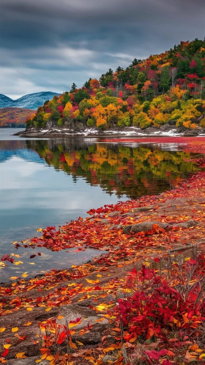 This may contain: fall foliage on the shore of a lake with mountains in the background and clouds in the sky