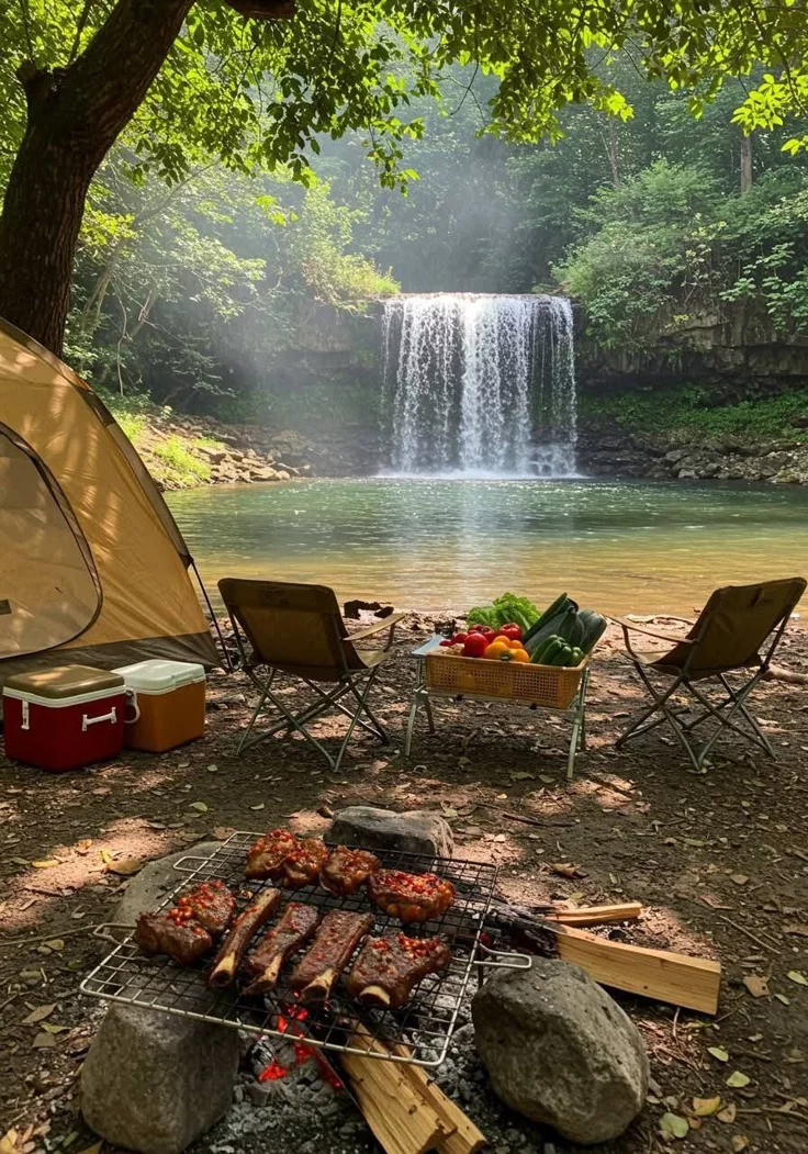 This may contain: a camp site with a waterfall in the background and two chairs around it that are set up next to an open fire pit