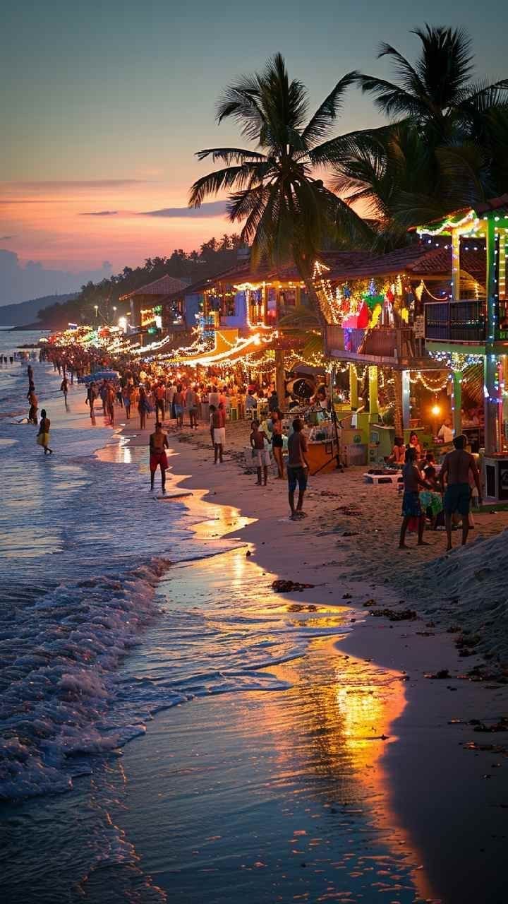 This may contain: many people are walking on the beach at night with colorful lights and palm trees in the background